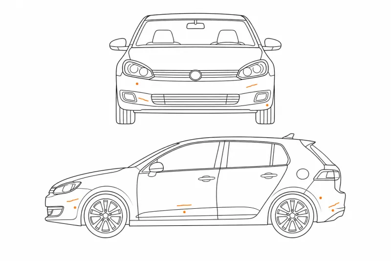 Car damage scheme illustration showing front and side views with marked pre-existing damage points